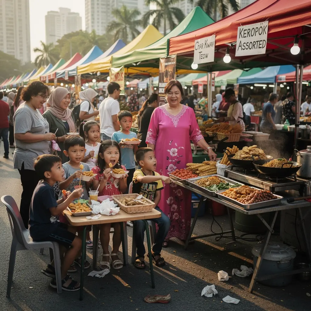 A traditional Malaysian dining setting with various dishes served on banana leaves.